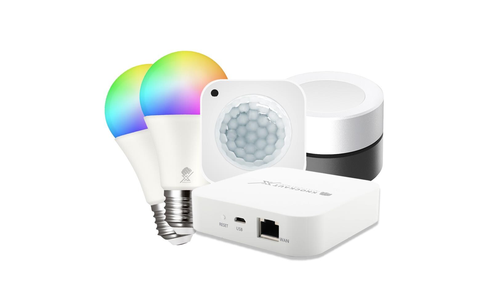 Bundle Smartes Licht mit Bewegungsmelder & Gateway<br>Starter-Set für smarte Beleuchtung bestehend aus:2x LED-Leuchtmittel White & Full Color E27 9W1x Funk-Drehdimmer Weiss/Schwarz1x Bewegungs-/Luxsensor PIR1x Master Gateway TWO
