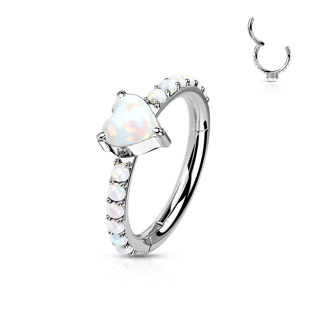 (10mm / 1.2mm) Tragus / Helix G23 Titan Ohr Piercing Klickverschluss Opal Ring mit Herz - Silber / Weiss