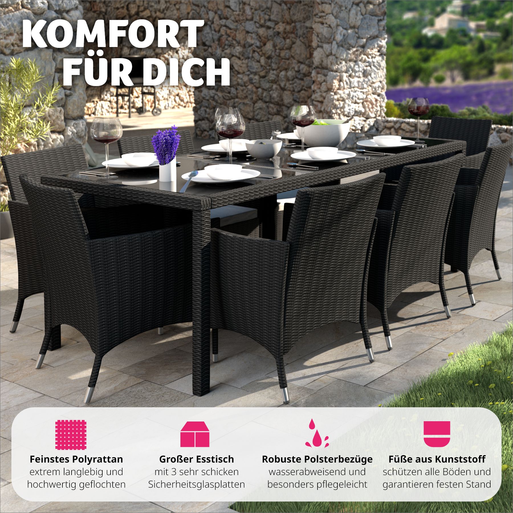 tectake® Rattan Sitzgruppe, für 8 Personen, UV-beständig, inklusive Schutzhülle