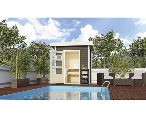Karibu Opal 1 saunacabine zonder kachel, met houten deur en helder glas, terragrijs/wit