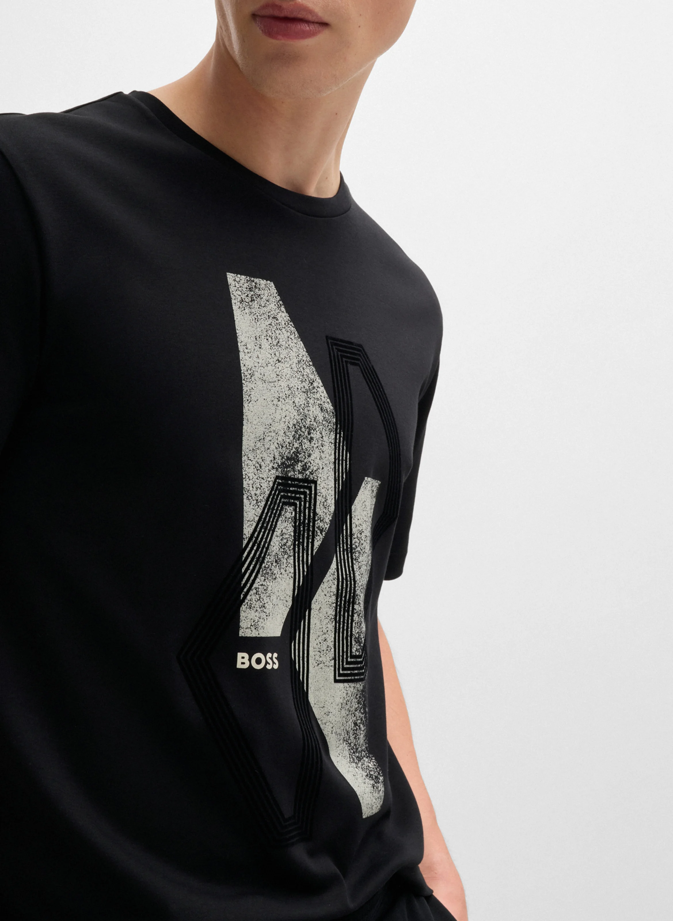 Tee-hirt col rond imprimé en coton| Noir