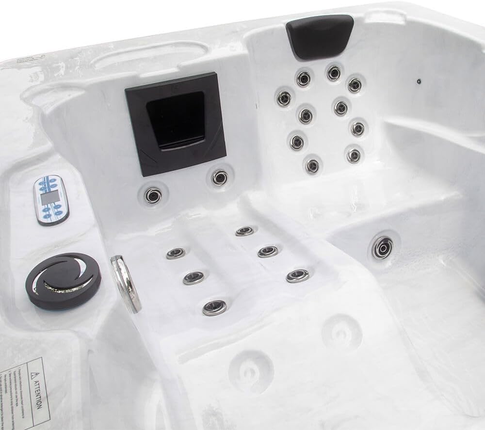 Home Deluxe - Outdoor Whirlpool - White Marble Pure - Maße: 210 x 160 x 85 cm - Inkl. Heizung, 27 Massagedüsen und 9 Lichtquellen I Außen Whirlpool Spa für 3 Personen