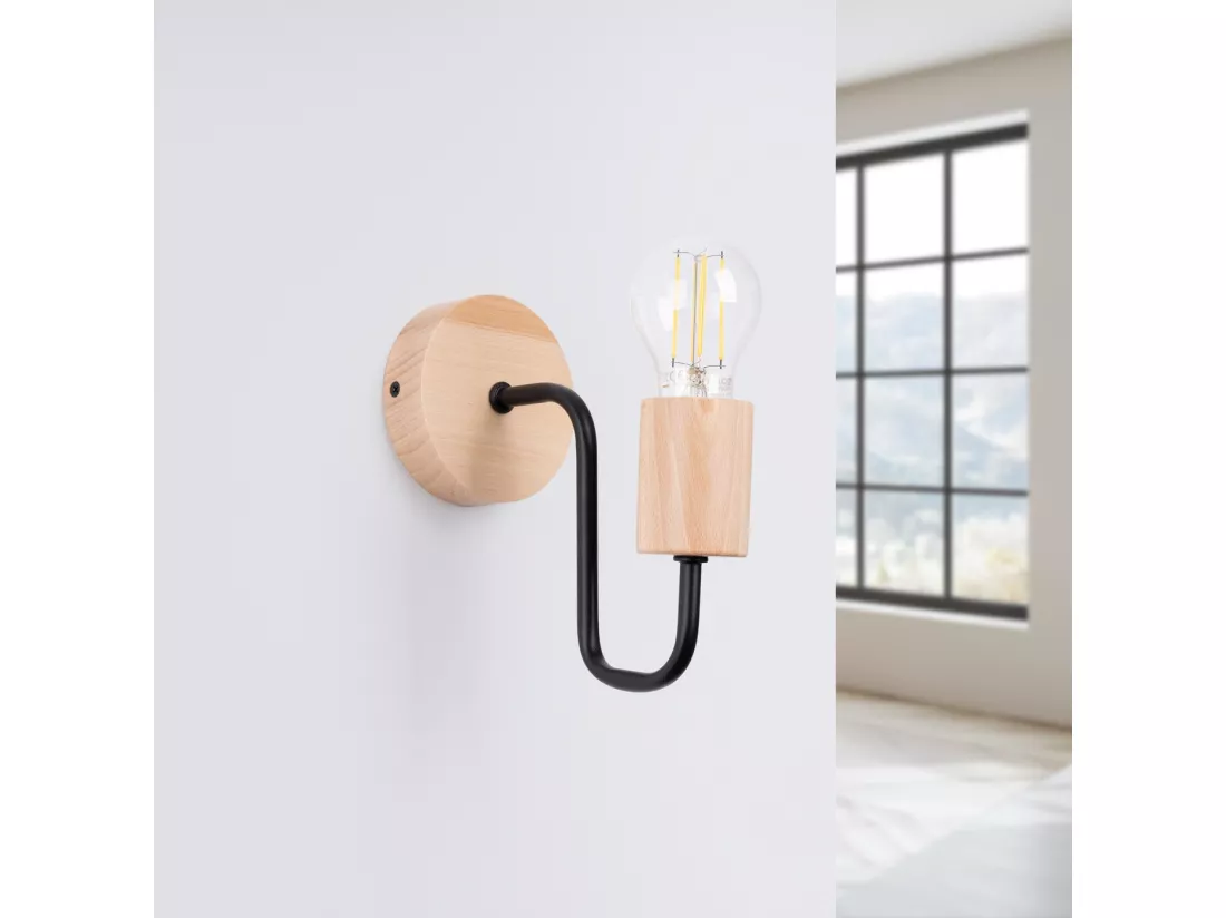 Applique Timbo grenier en acier/bois - 1 sources lumineuses - L.8 x H.18,5 cm - noir/bois naturel