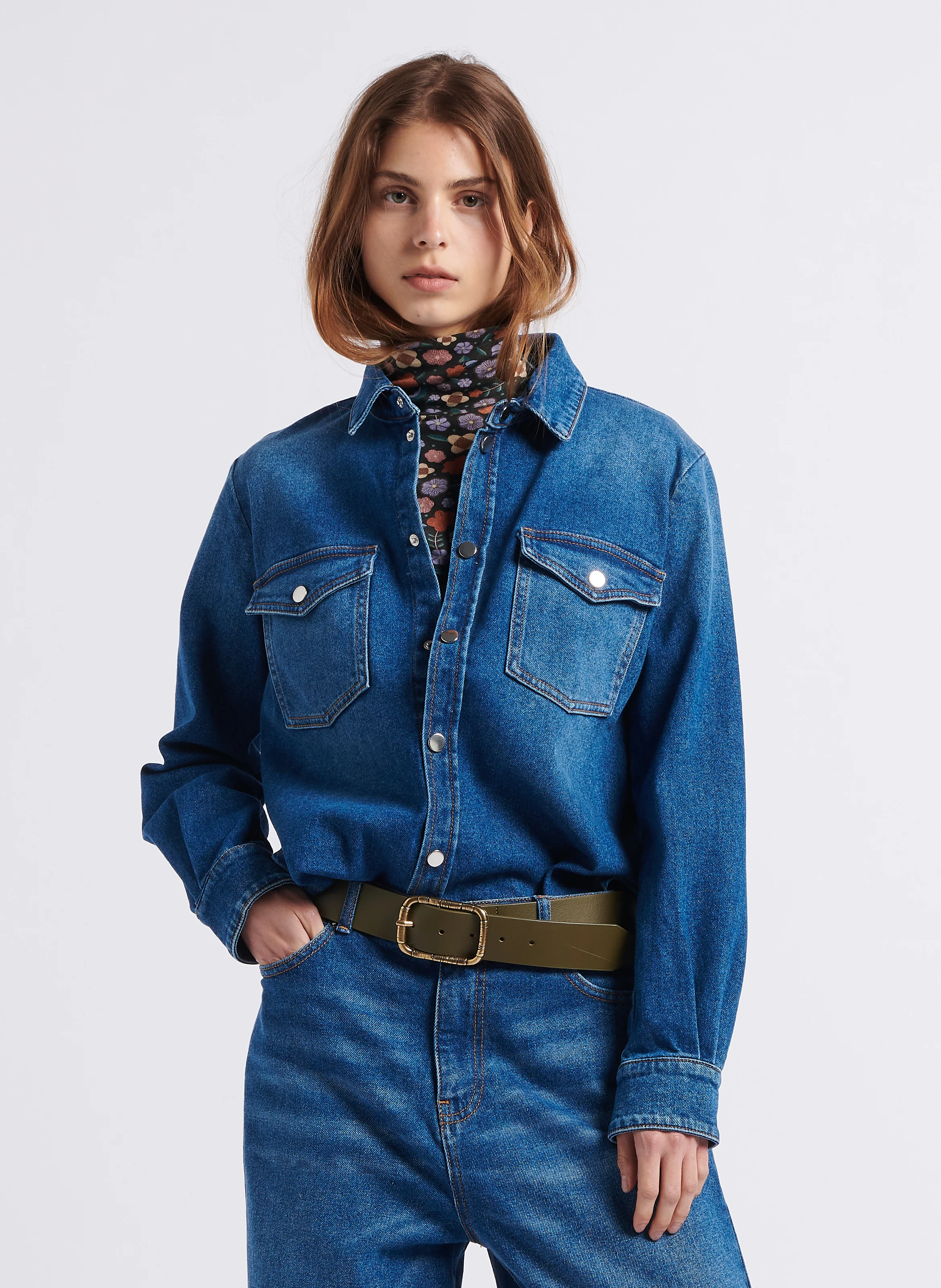 TOPAZE - Chemise droite col classique en denim stretch| Bleu