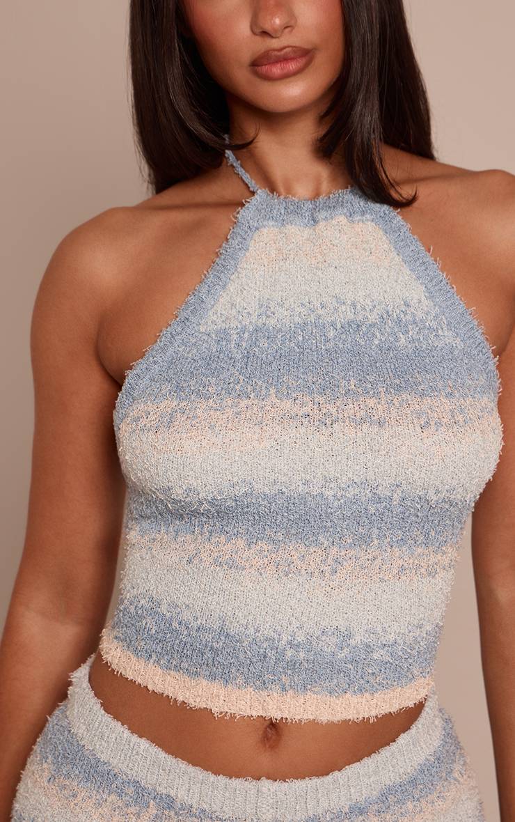 Bleu Top Court Rayé À Col Licou En Maille Brossée Avec Dos Noué Petite