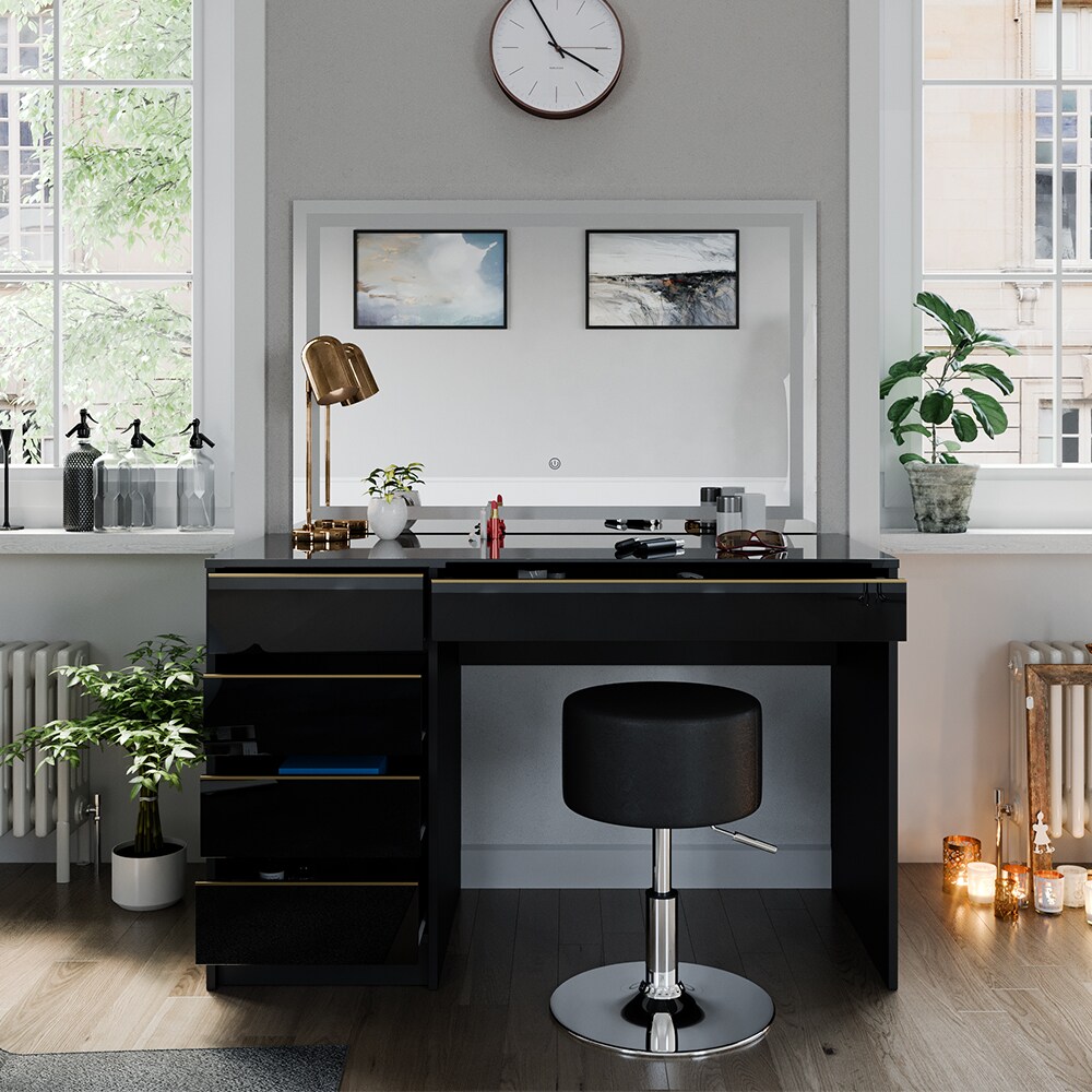 Vicco Schminktisch Sherry Schwarz Hochglanz Gold 120 x 75 cm 5 Schubladen LED-Spiegel Hocker