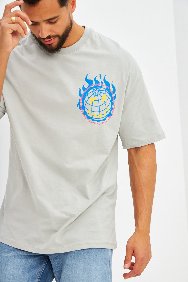 T-shirt logo imprimé smiley terre gris