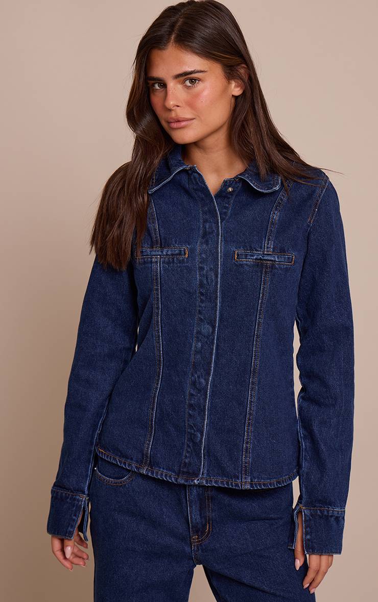 Bleu Indigo Chemise Ajustée Chocolat Foncé Avec Détails De Coutures