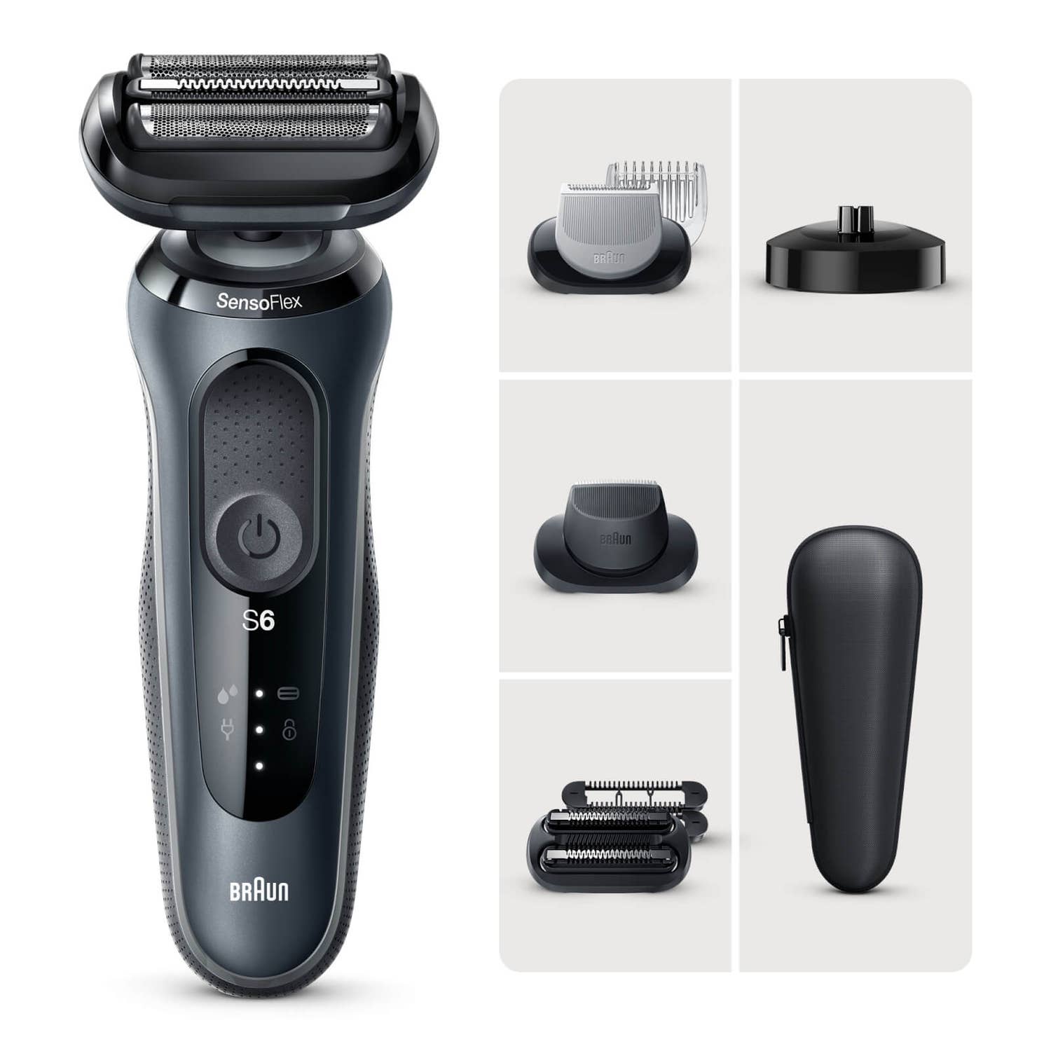 Braun Series 6 61-N4862cs Elektrorasierer mit 3 EasyClick-Aufsätzen, Ladestation, Grau