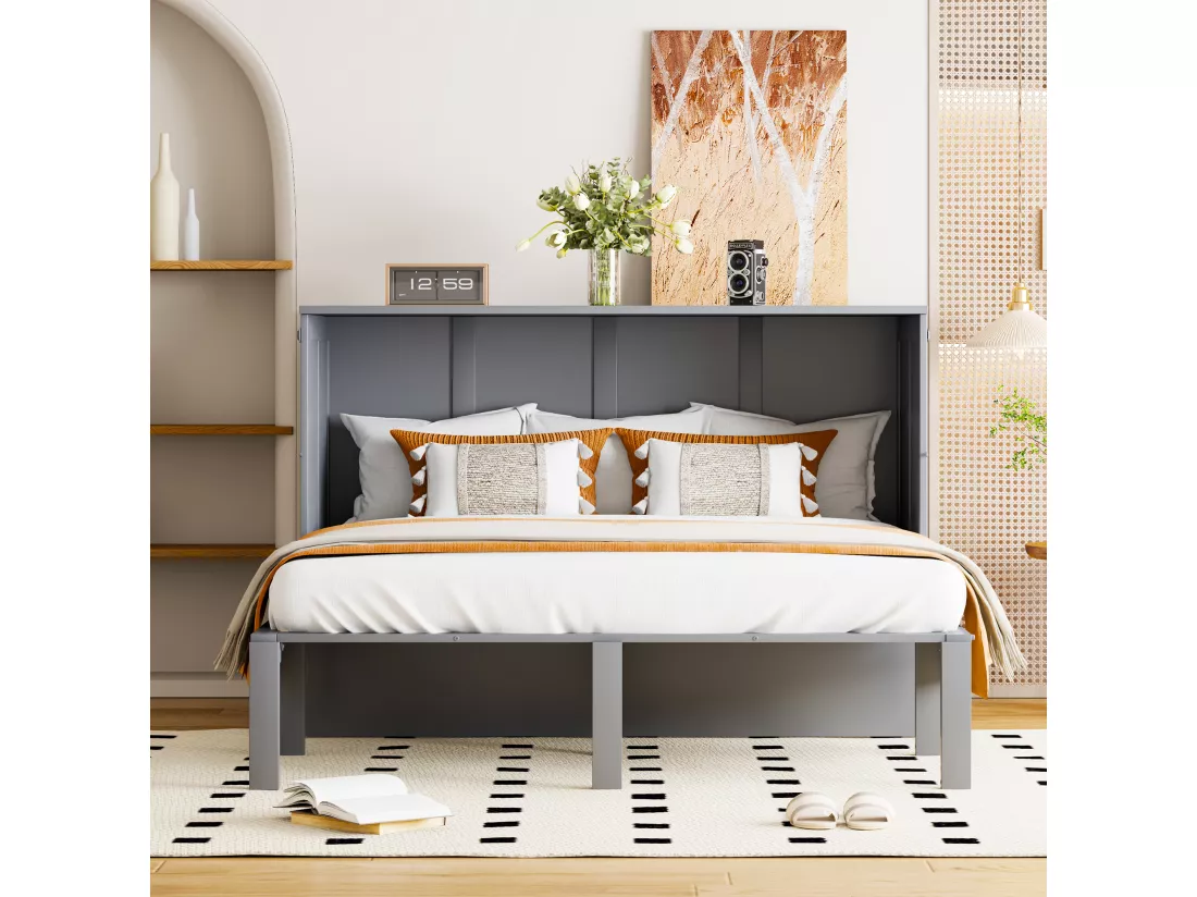 Lit escamotable vertical 140 x 200 cm - Bois MDF - Sommier à lattes - Gris