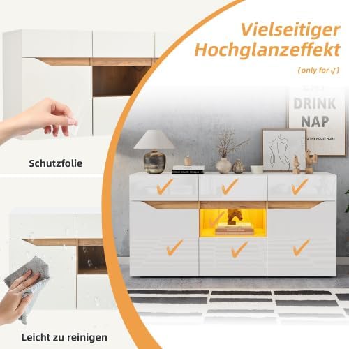 Merax Weißes Sideboard mit LED-Beleuchtung, 140 x 40 x 70 cm, 4 Schubladen und 2 Schränke, Hochglanz-Kommode für Wohnzimmer, Küche, Flur