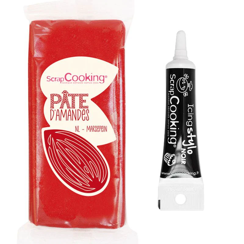Pâte d'amande rouge 200 g + Stylo de glaçage noir Scrapcooking