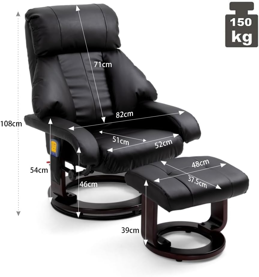 Mingone Massagesessel mit Wärmefunktion Fernsehsessel mit Hocker Relaxsessel mit Liegefunktion Elektrisch TV-Sessel für Wohnzimmer 360°Drehbar Kunstleder Schwarz