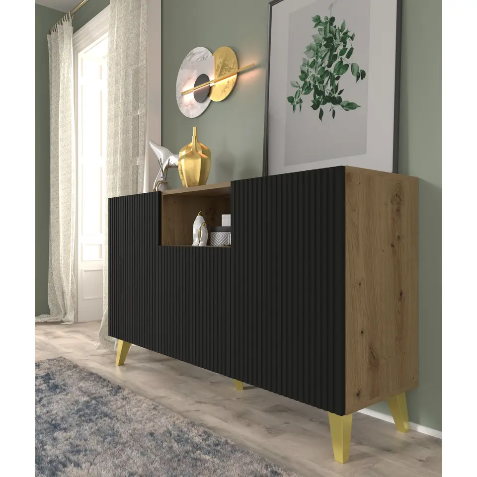 Dressoir Ravenna PB 150 2D1DM artisan eiken / zwart mat gefreesde fronten