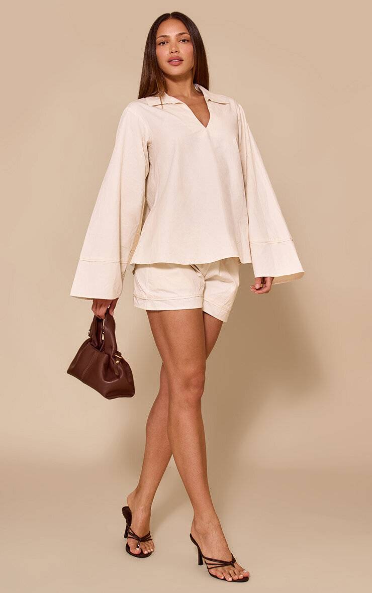 Crème Short Fluide Coordonné En Coton Tissé Avec Détails Plissés Pour Femmes Grandes Tailles