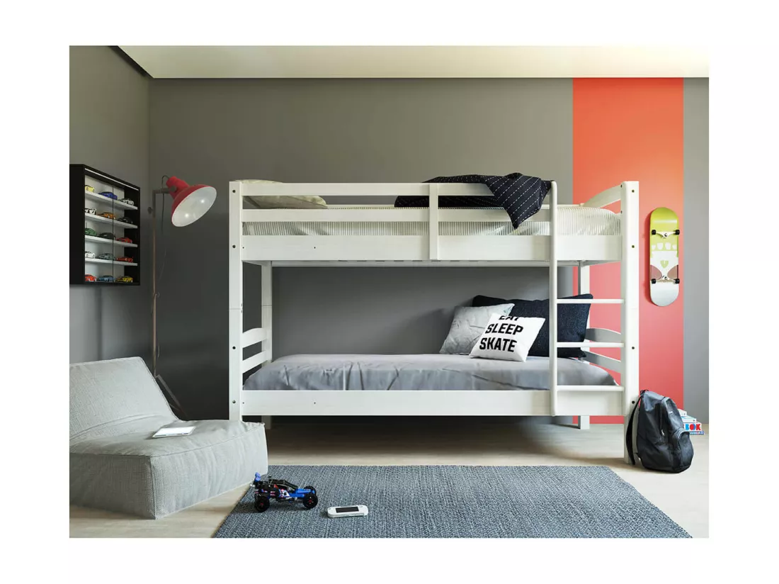 ALASKA - Lits Superposés 90x190cm + Sommiers Bois Massif Vernis Blanc