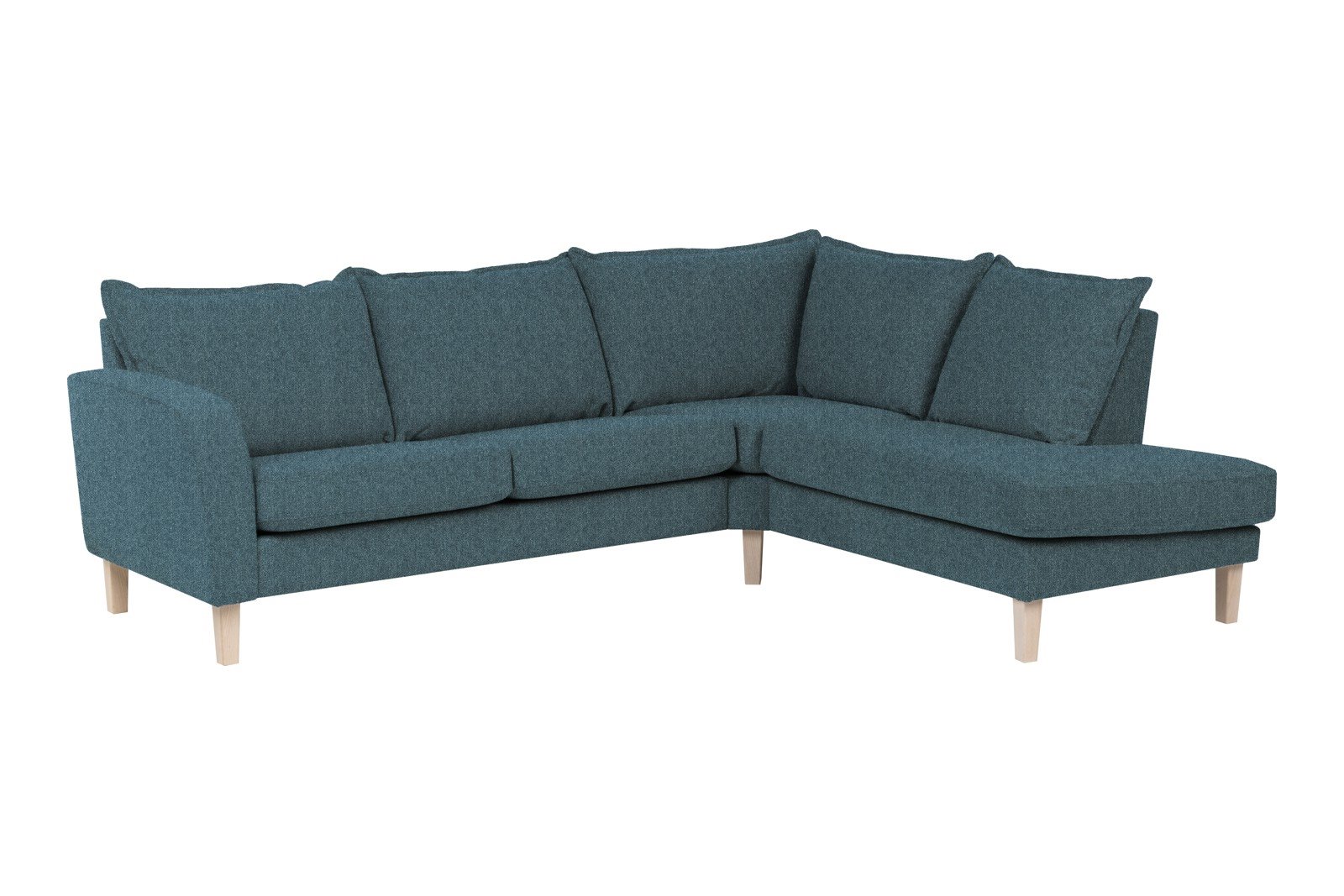 Slogen hjørnesofa Oppsett AH. 2,5-seter med åpen ende høyre. Tekstil Viva Blue med soft ryggpute. Vange A og hvitpigmentert ben 178.