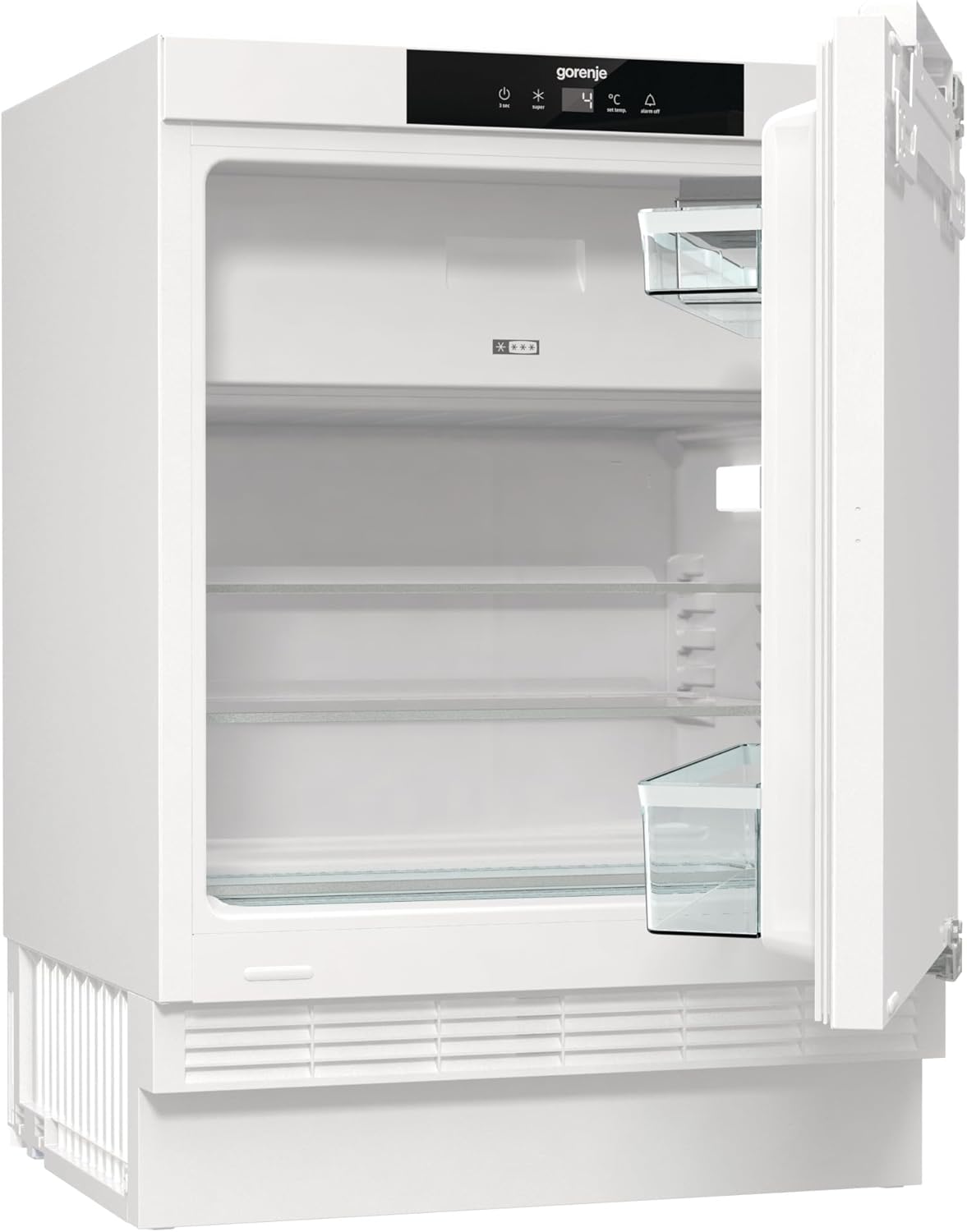 Gorenje RBIU609EA1 Einbau-Tischkühlschrank m. Gefrierfach/88er Nische/Festtürscharnier/EEK: E/121 Liter/Festtürtechnik/SuperCool/Temperaturanzeige/Türanschlag wechselbar/HxBxT:81,8x59,5x54,5cm/Weiß