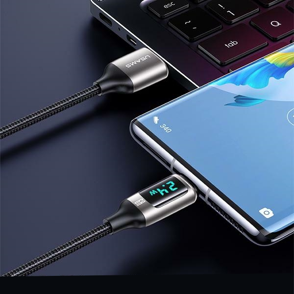 (1.2m) 66W USB C auf USB C Nylon Ladekabel Fast Charging PD Datenkabel mit Spannungs Anzeige (USA001035) - Silber