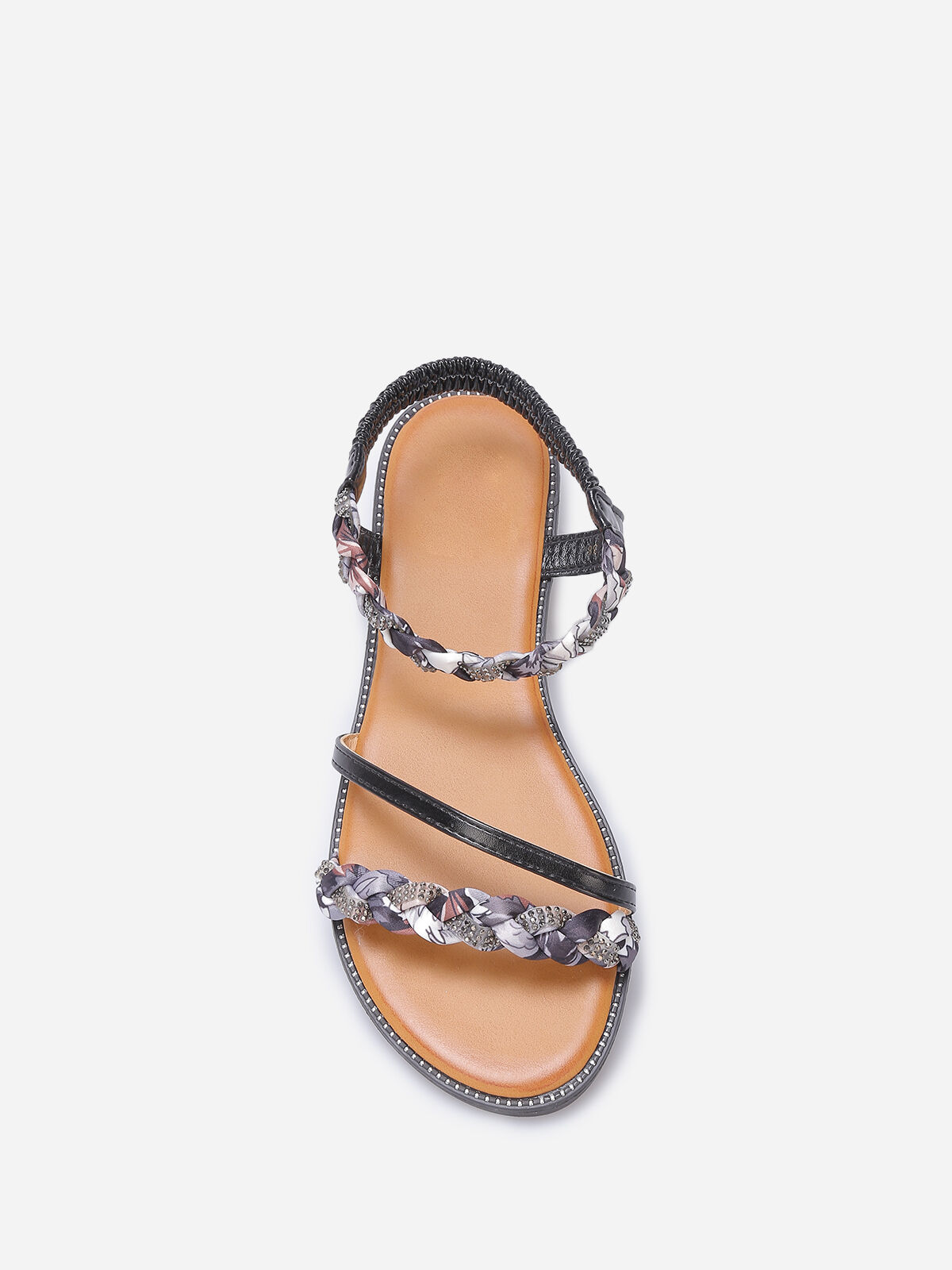 Nu-pieds à bride fleuri et strass- Noir