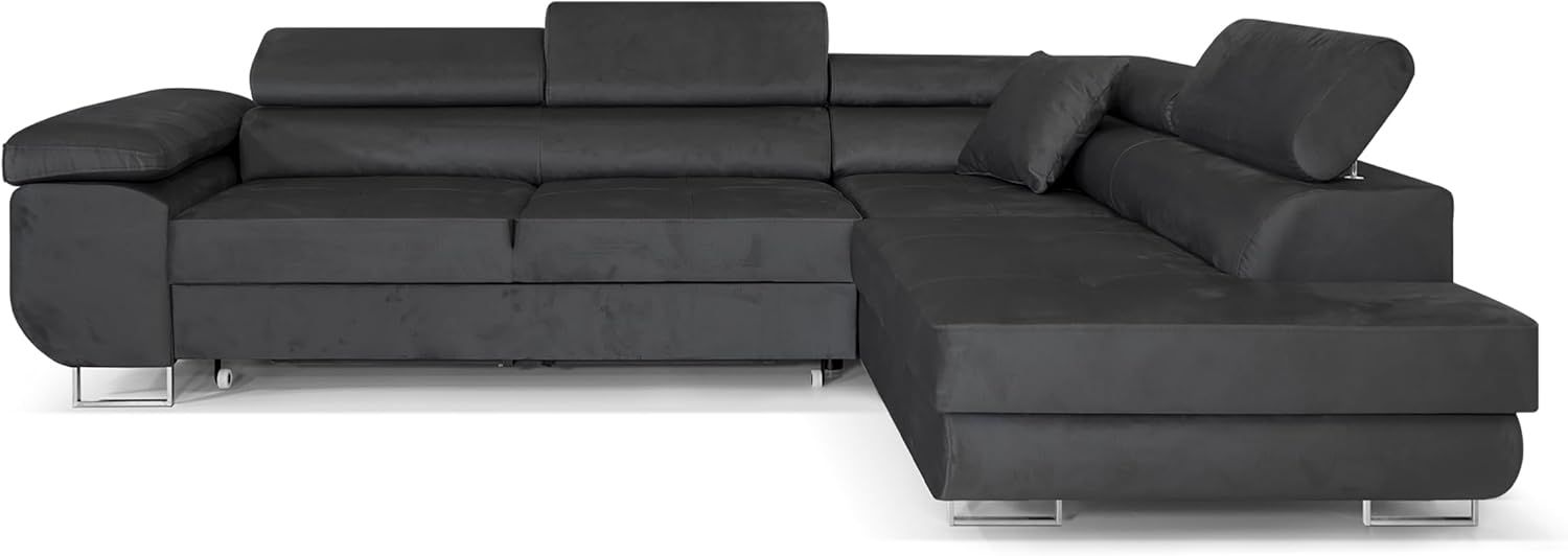 Ecksofa mit Schlaffunktion PASTI L-Form, Sofa Couch mit Bettkasten, 3-Sitzer Eckcouch, Schlafsofa für Wohnzimmer, Big Sofa Couch mit Schlaffunktion (Dunkelgrau, Ottomane Rechts)