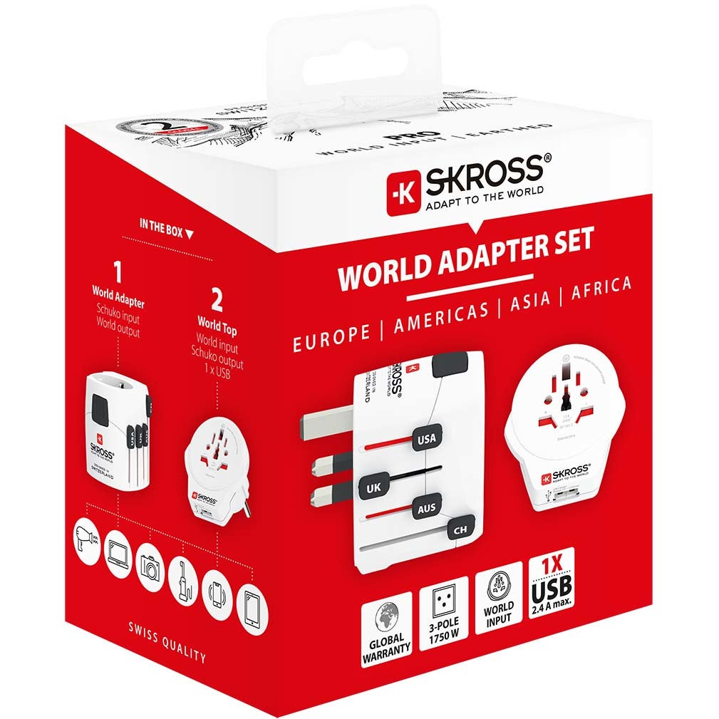 Skross 1302539 driepolige wereldreisadapter met USB-poort