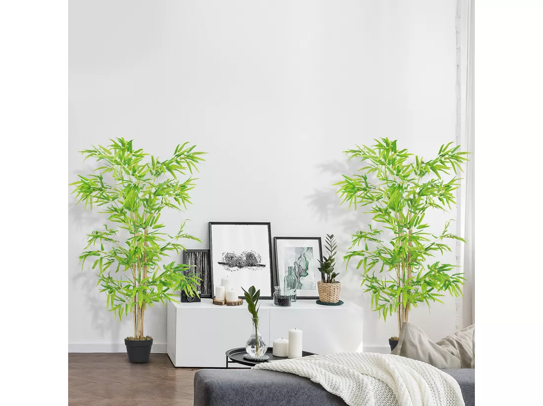 Outsunny Lot de 2 Bambous artificiels hauteur 1,5 m 644 feuilles denses réalistes pot inclus noir avec lichen vert
