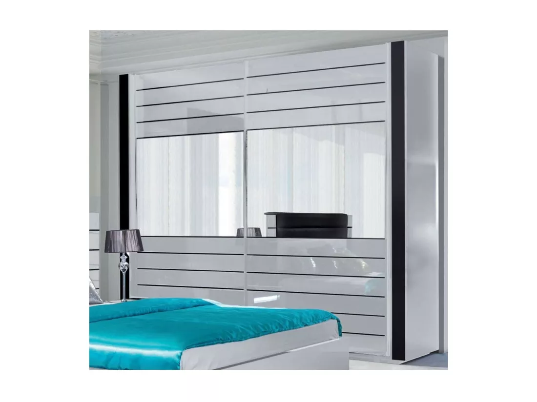 Armoire blanche et noire LINA – 220 x 225 x 68 cm avec 2 grandes penderies et 2 grands miroirs