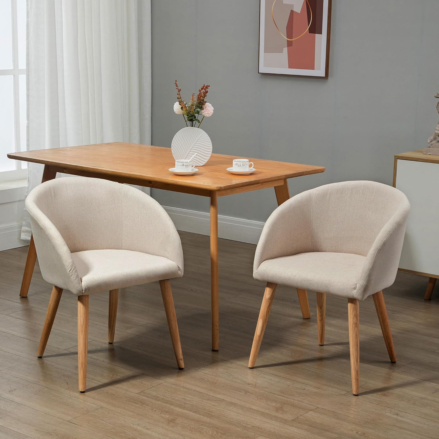 HOMCOM Esszimmerstühle 2er Set Küchenstuhl mit Rückenlehne, Leinen-Optik, modern Polsterstuhl mit Armlehne, Holzbeine, Sessel für Esstisch, Essstuhl für Lounge Wohnzimmer Esszimmer, Beige