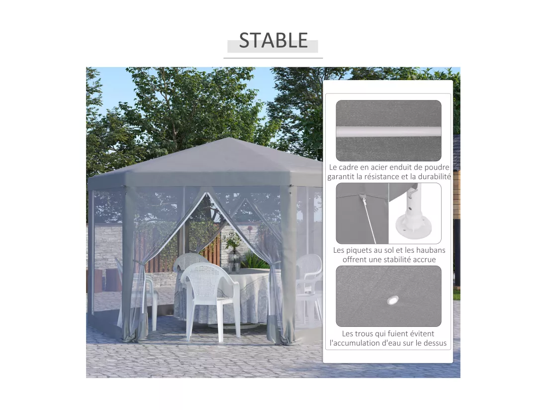 Tonnelle barnum tente de réception hexagonale style cosy métal polyester imperméabilisé surface env. 10 m² gris