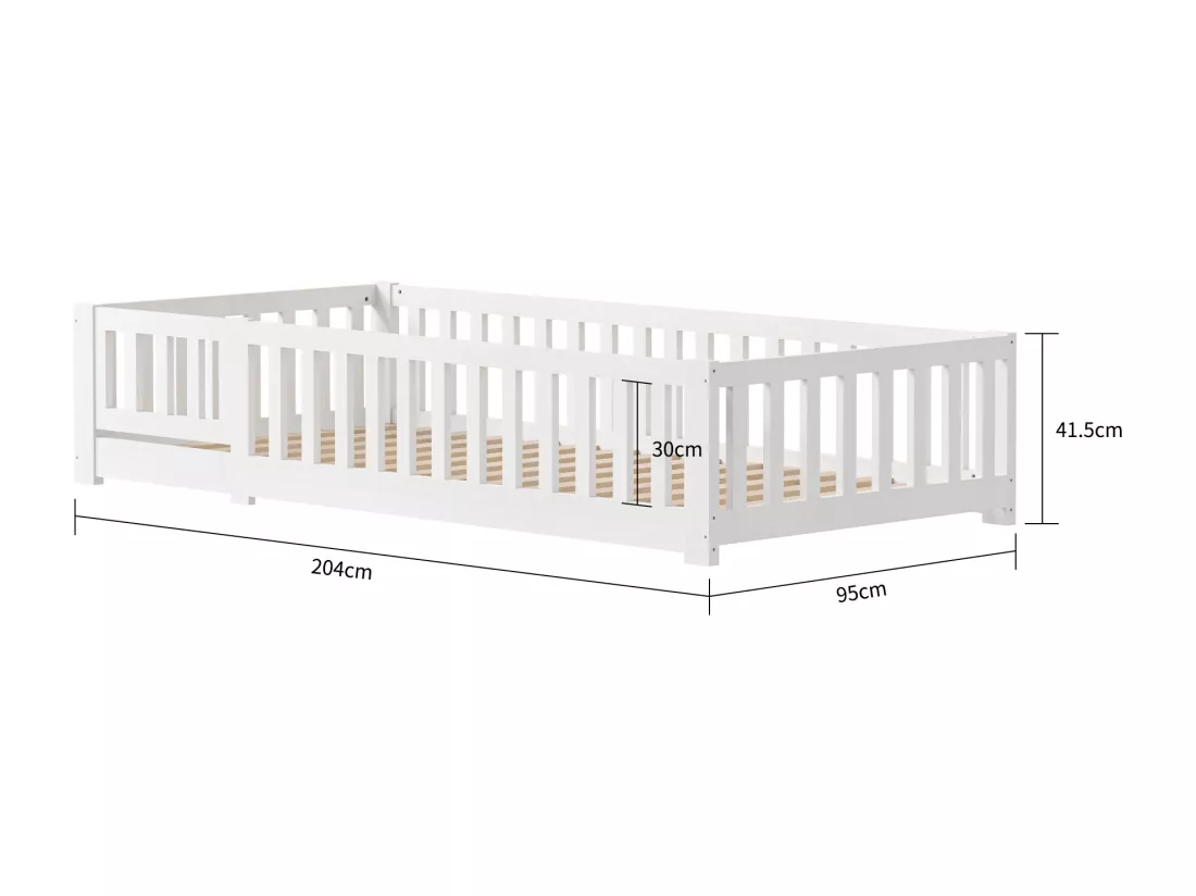 Lit cabane enfant 90x200cm, avec sommier à lattes, lit plat, lit enfant, barrière antichute, pin massif, Blanc