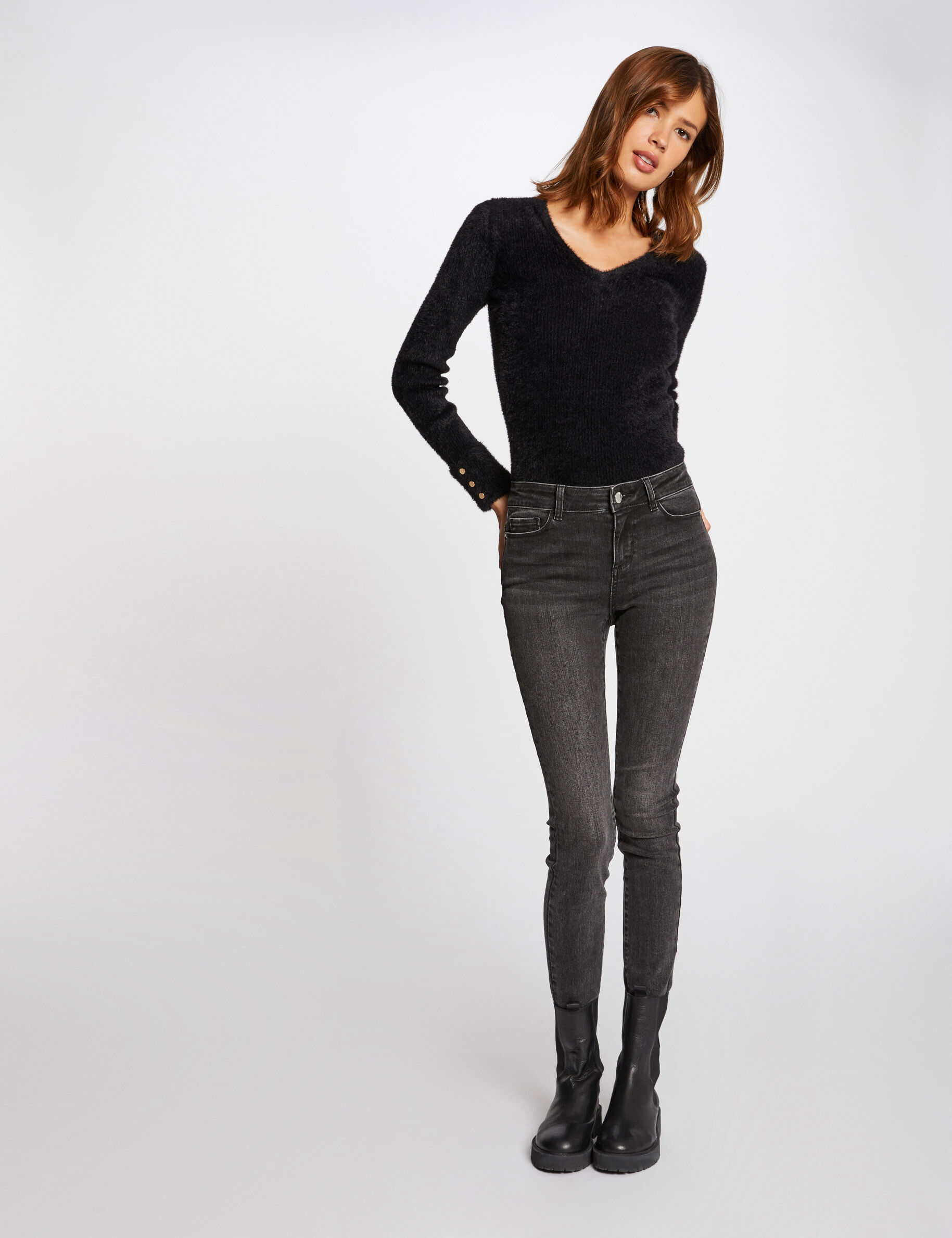 Pull manches longues maille duveteuse noir femme - noir