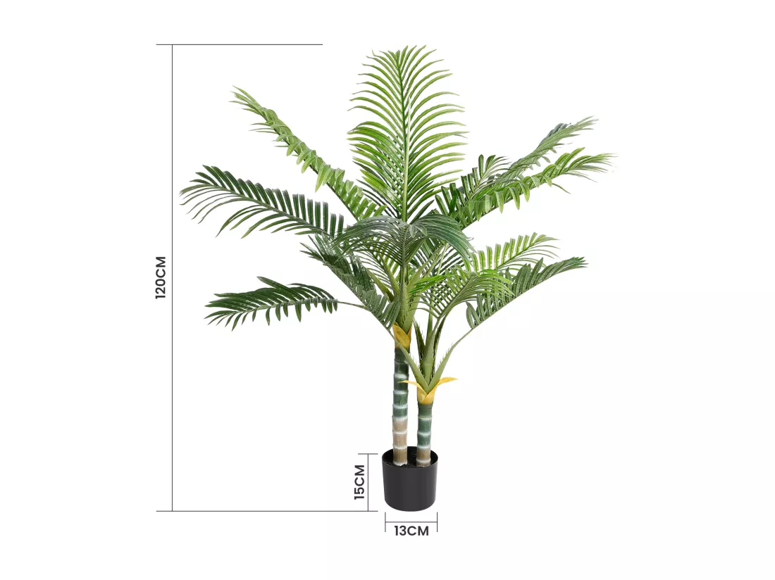 Plante artificielle vert - Palmier en pot H 120 cm - très réaliste palmier - 2 tronc et 15 feuilles - avec pot