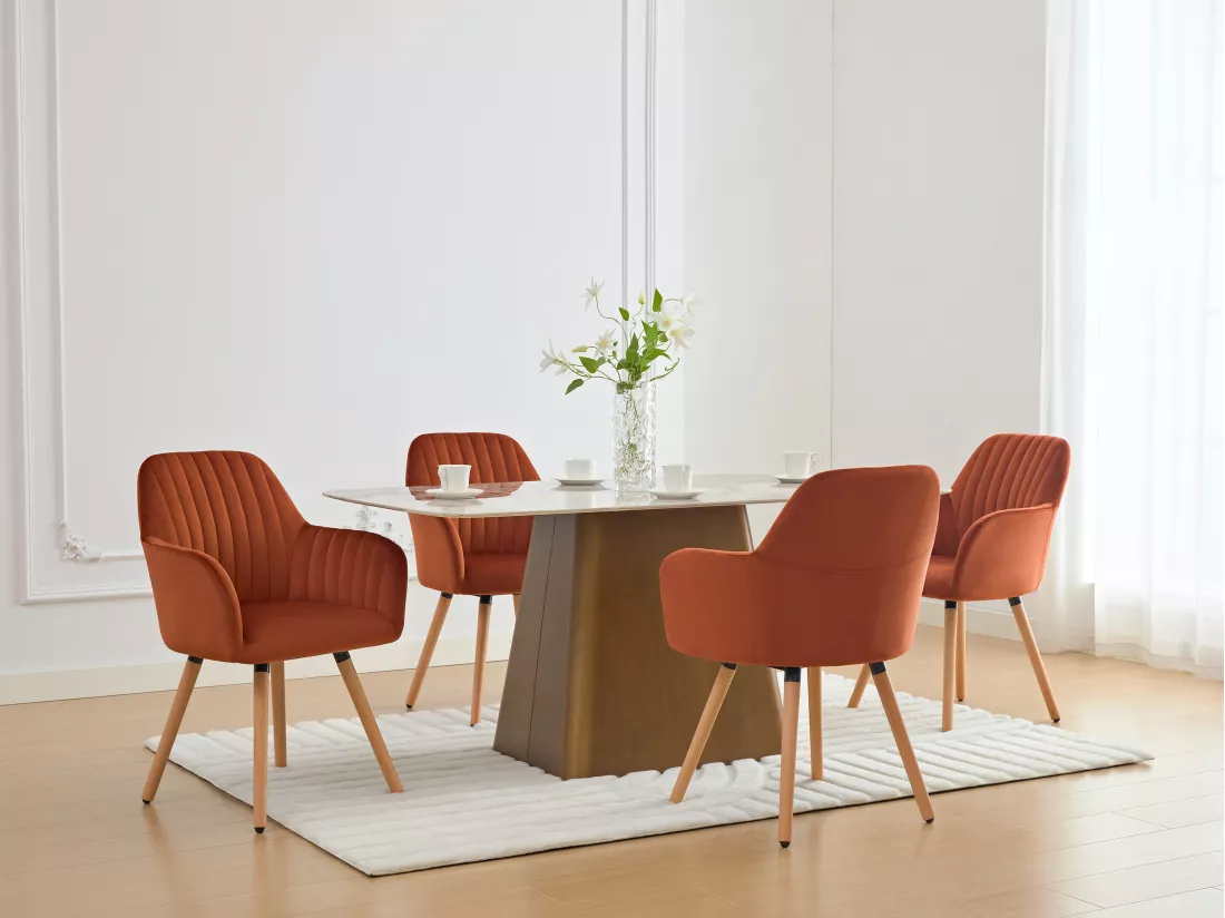 Lot de 2 chaises avec accoudoirs en velours et métal effet bois - Terracotta - ELEANA