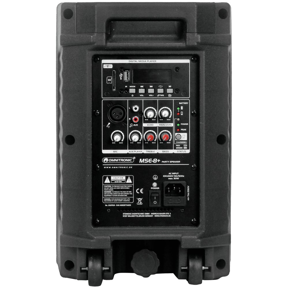 Omnitronic MSE-8+ mobiele party speaker met accu, LED-effecten en microfoon