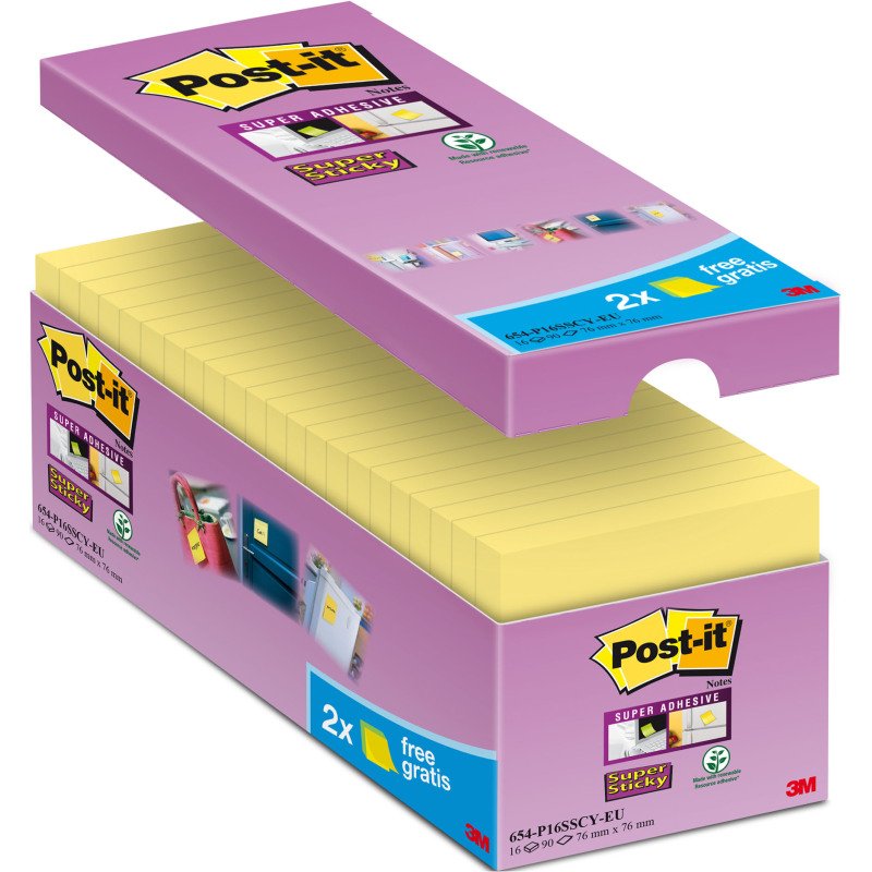 Pack de 14 notes repositionnables jaune Super Sticky Post-it 76 x 76 mm - bloc de 90 feuilles + 2 offertes