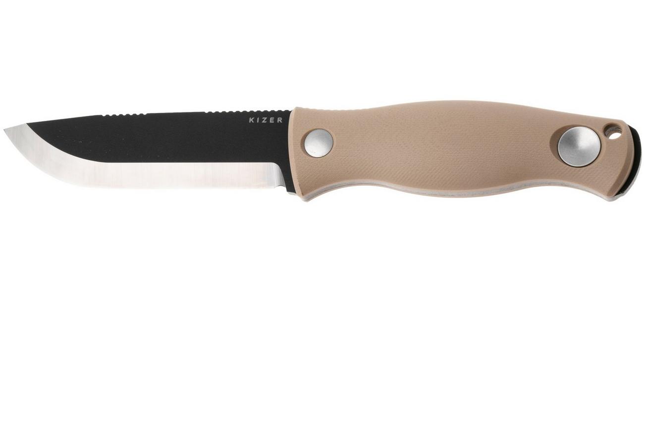 Kizer Polaris 1100A4, Black 1095 Carbon Steel, Tan G10 vaststaand mes, Azo design