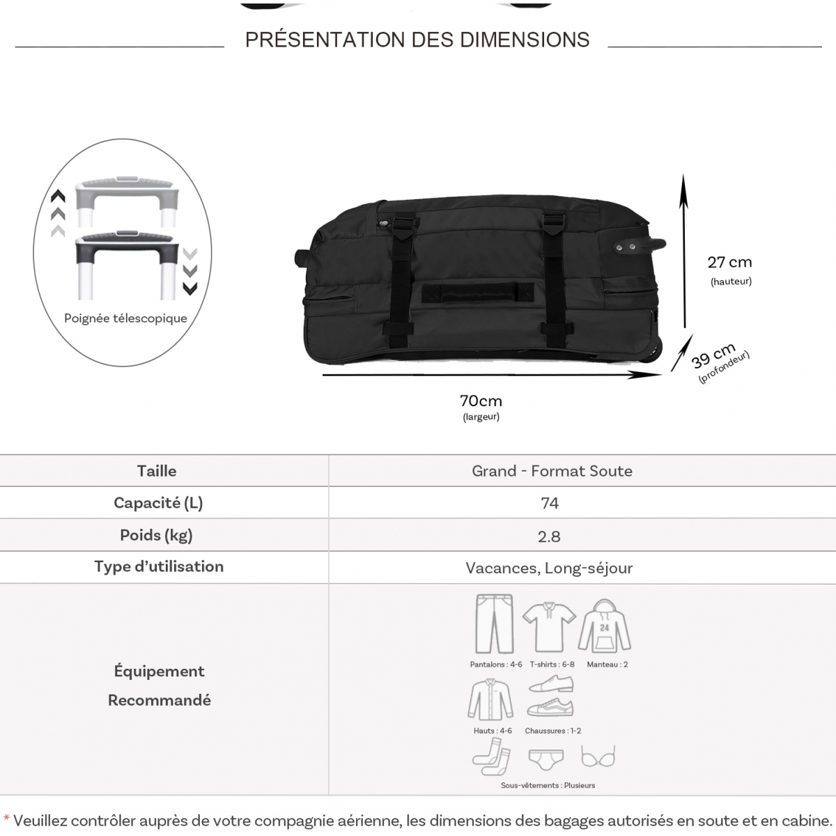 David Jones Sac de voyage cabine à roulettes 74L double compartiment David Jones taille L 70cm