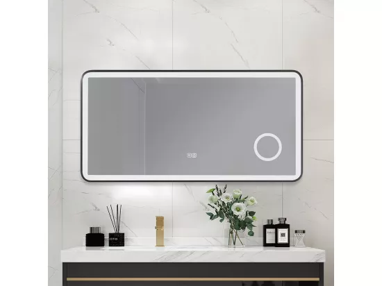 Miroir salle de bain LED 120x60cm anti buée avec cadre en aluminium noir et loupe x3 LB-4685B