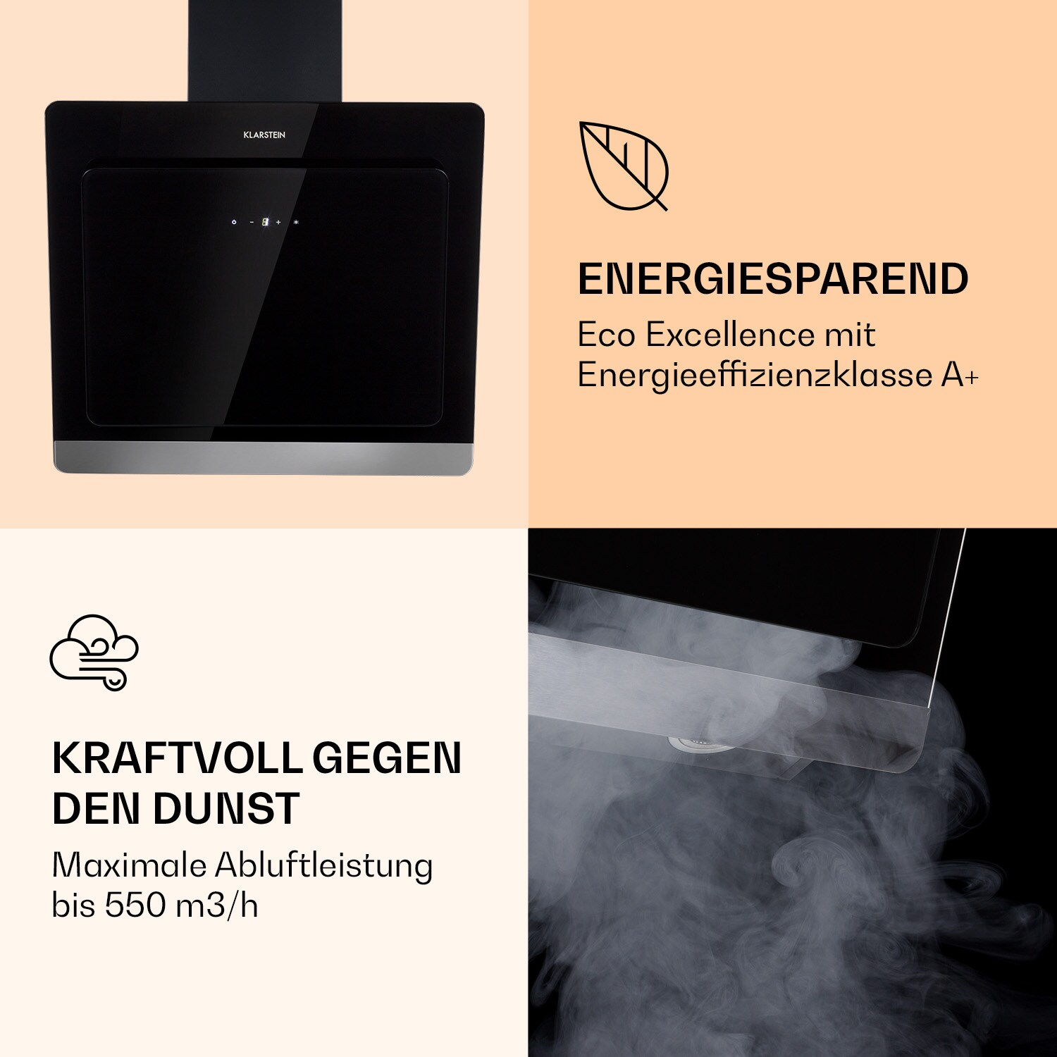 Aurora Eco 60 Dunstabzugshaube 550 m³/h 60cm kopffrei Ambientelicht EEC A+ Schwarz