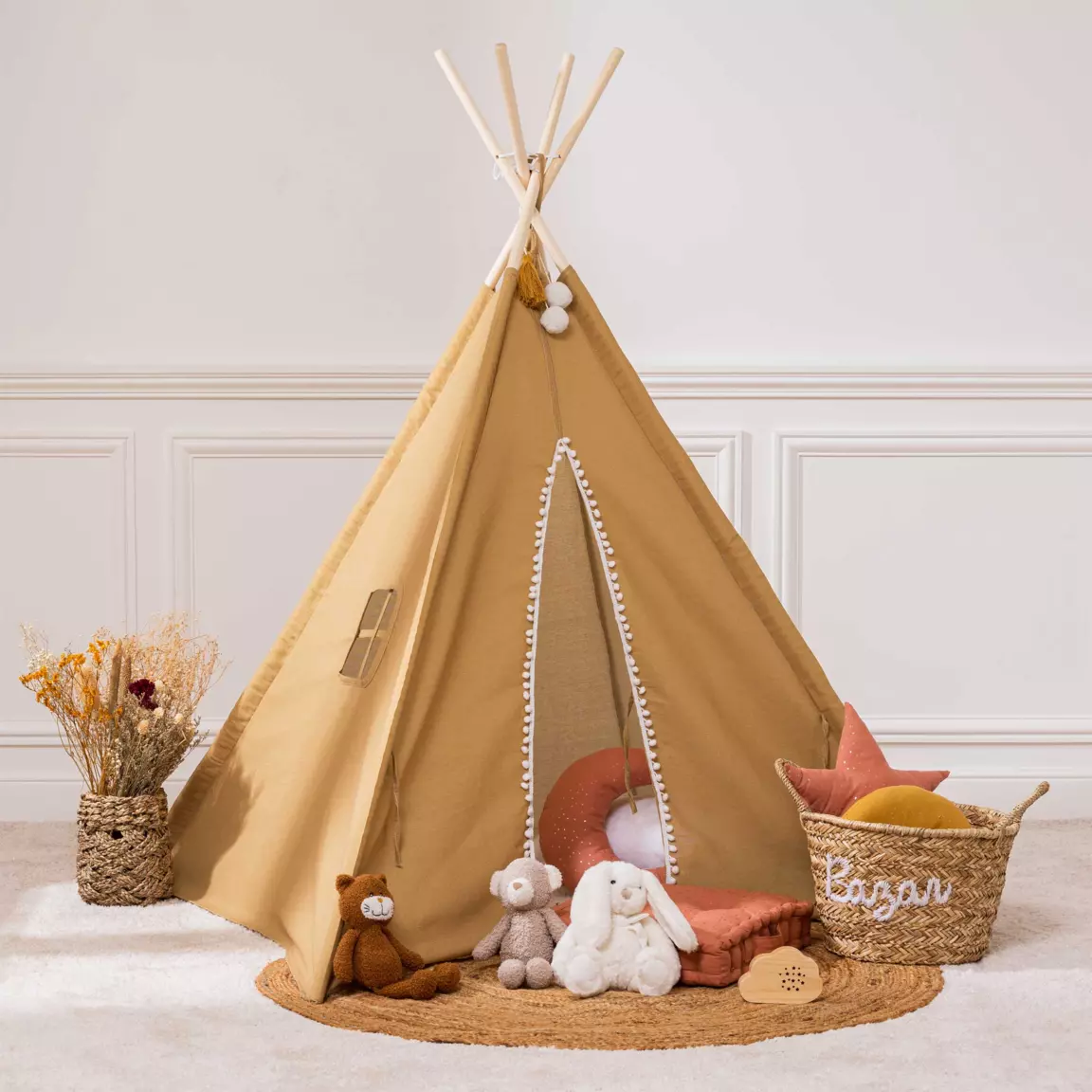 Tipi enfant bois et tissu (H160 cm) Wapi Jaune ocre