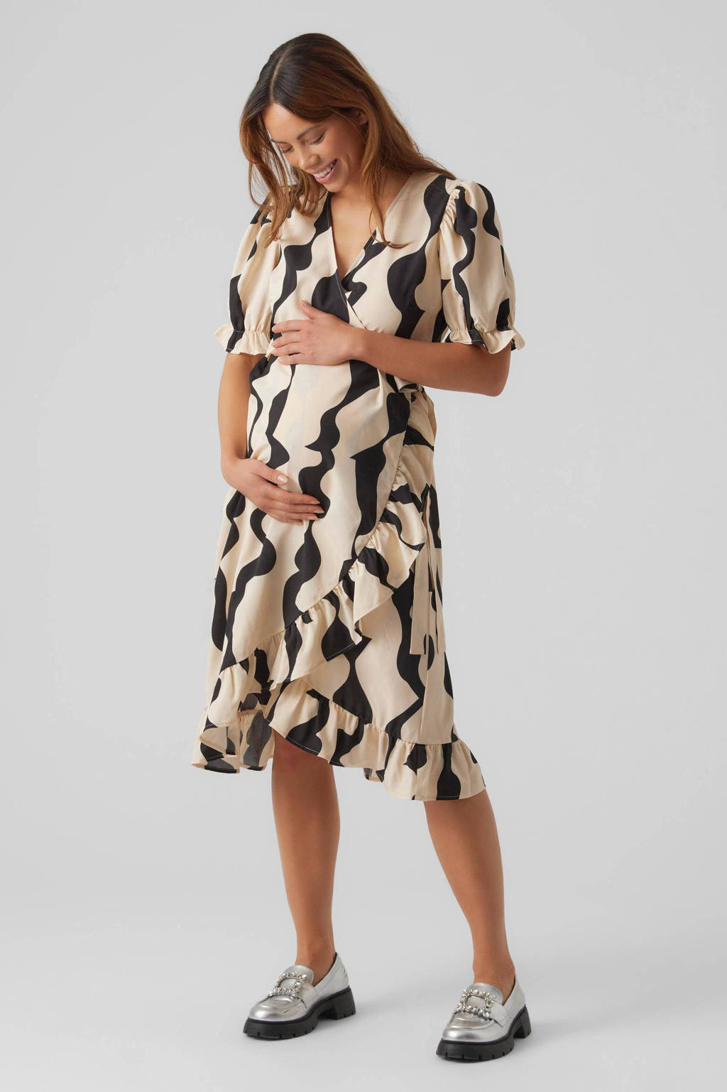 MAMALICIOUS zwangerschapsjurk MLMICEL met all over print en ruches ecru/zwart