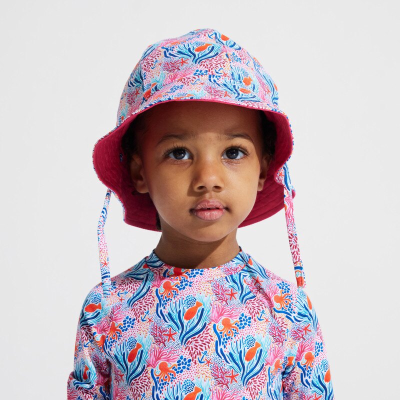 Chapeau de soleil réversible fonds marins rose bébé fille Gris ou noir