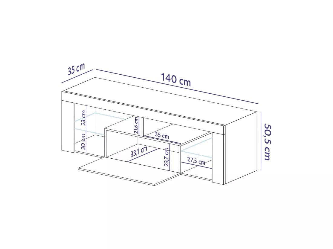 Meuble TV / Banc TV (140 cm, chêne lancaster / blanc brillant, éclairage LED) - BIANKO