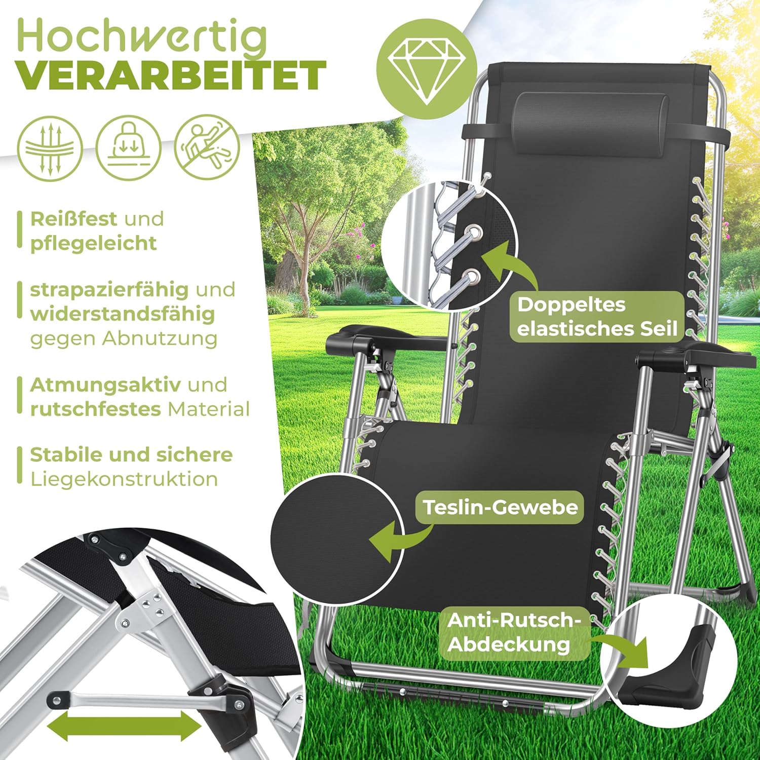 KESSER® Sonnenliege Liegestuhl Klappbar & Wetterfest, Gartenstuhl Belastbar 200kg Ergonomisches Polster Extra Breit Verstellbare Rückenlehne Gartenliege inkl. Nackenkissen & Getränkehalter, Schwarz