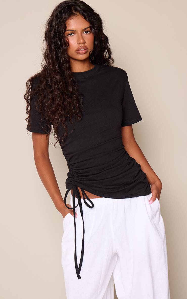 Noir T-shirt Oversize À Épaulettes Et Fronces Ajustables