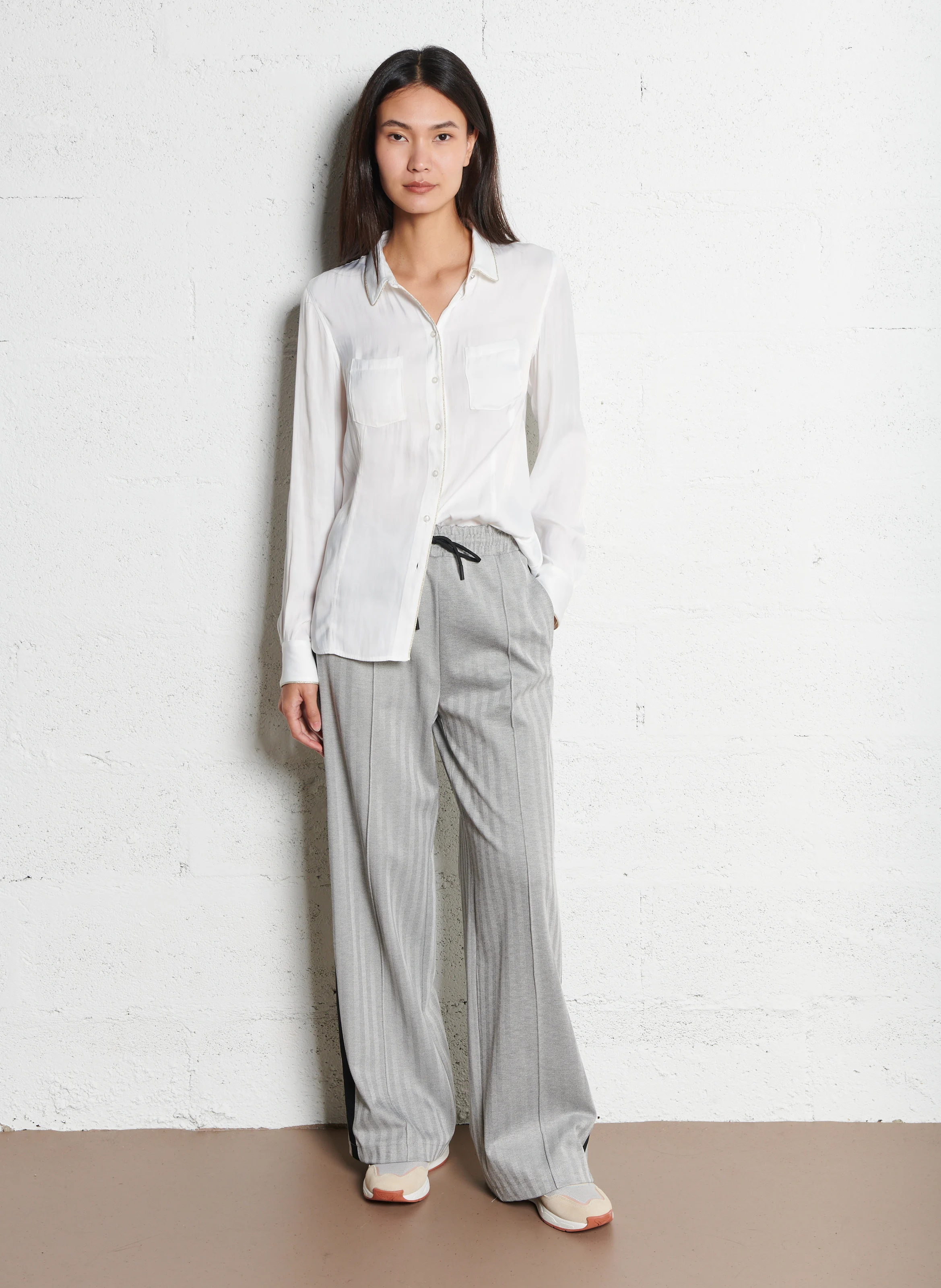 Pantalon large à chevrons| Blanc