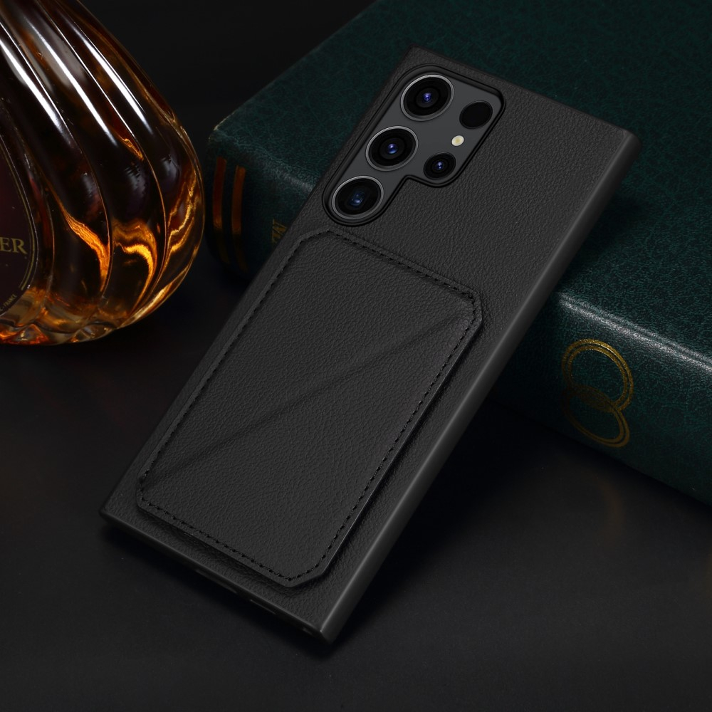 Samsung Galaxy S24 Ultra Leder Hülle mit Kartenfach   Origami Kickstand Aufsteller im Litchi Look - Schwarz