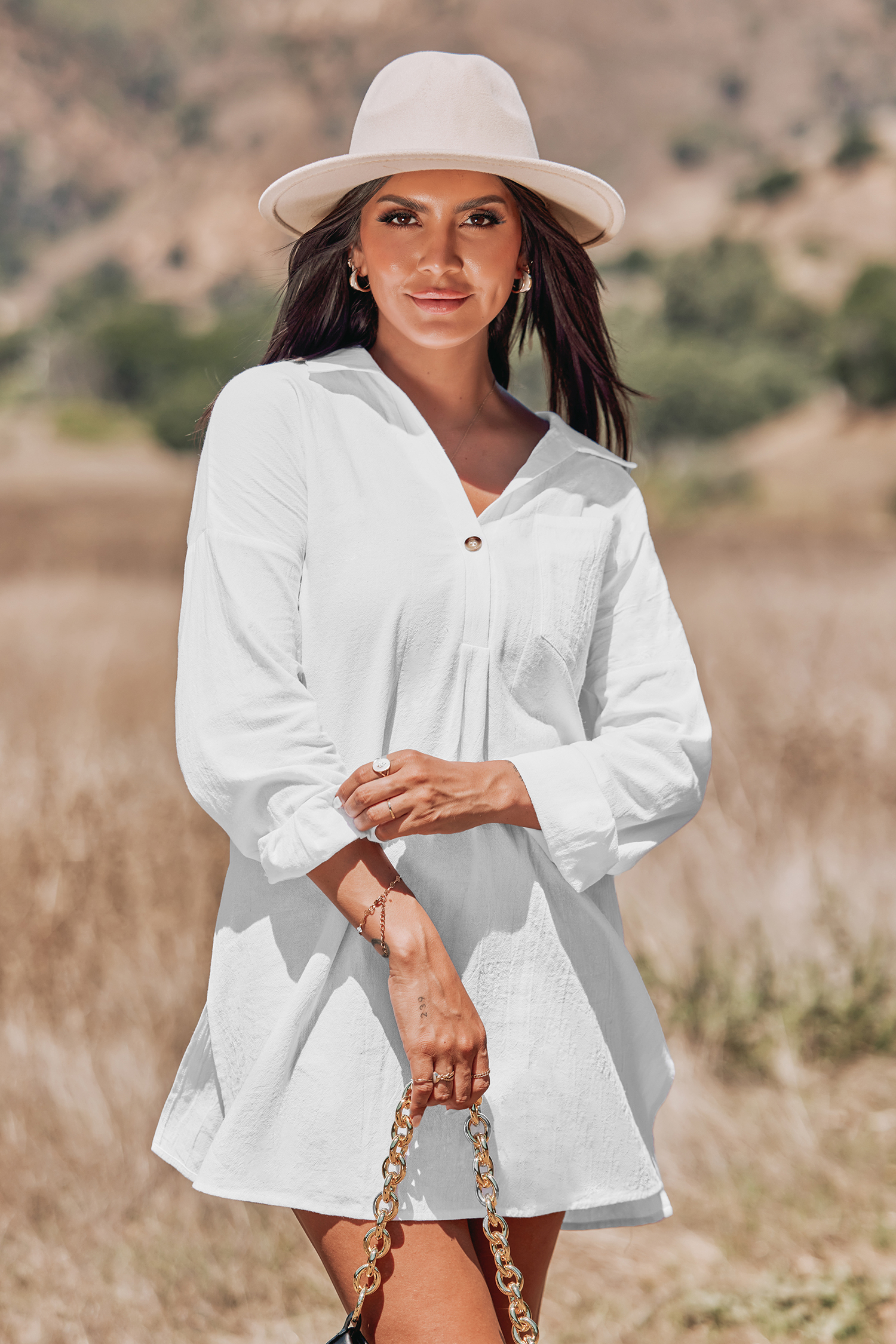 Robe chemise mini en pur coton à manches longues