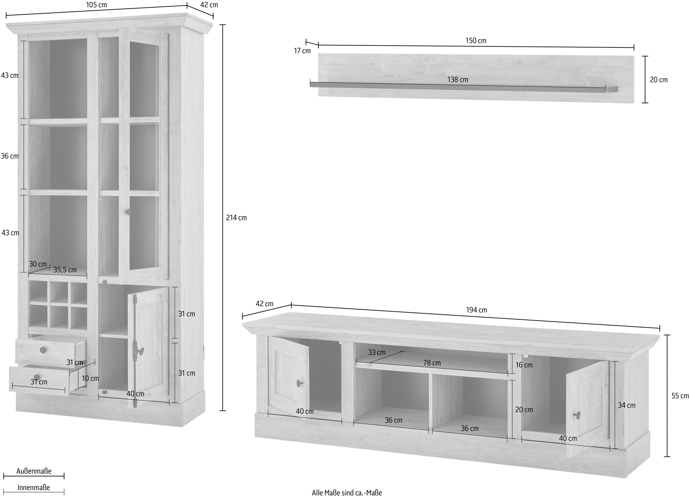 Home affaire Wohnwand »Cornwall, Anbauwand im Landhausstil, Wohnzimmer-Set, in Eiche Dekor« Set, 3 Stk. tlg.